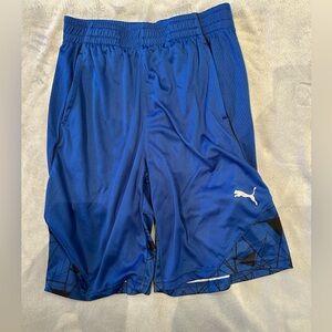 PUMA US Medium Boys Size 10-12 Blue Shorts Black Geometric Hem & White Logo